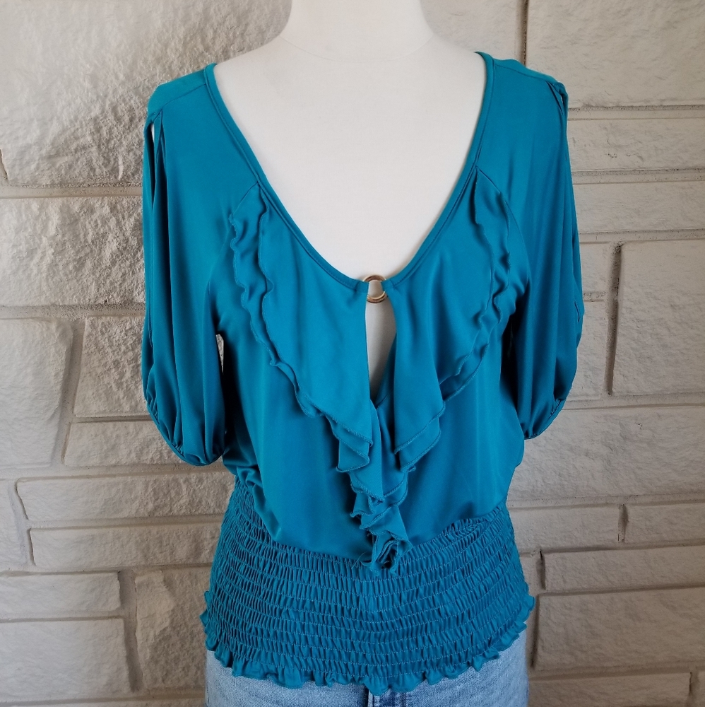 XOXO Blue Turquoise Cold Shoulder Ruffles Key Hole